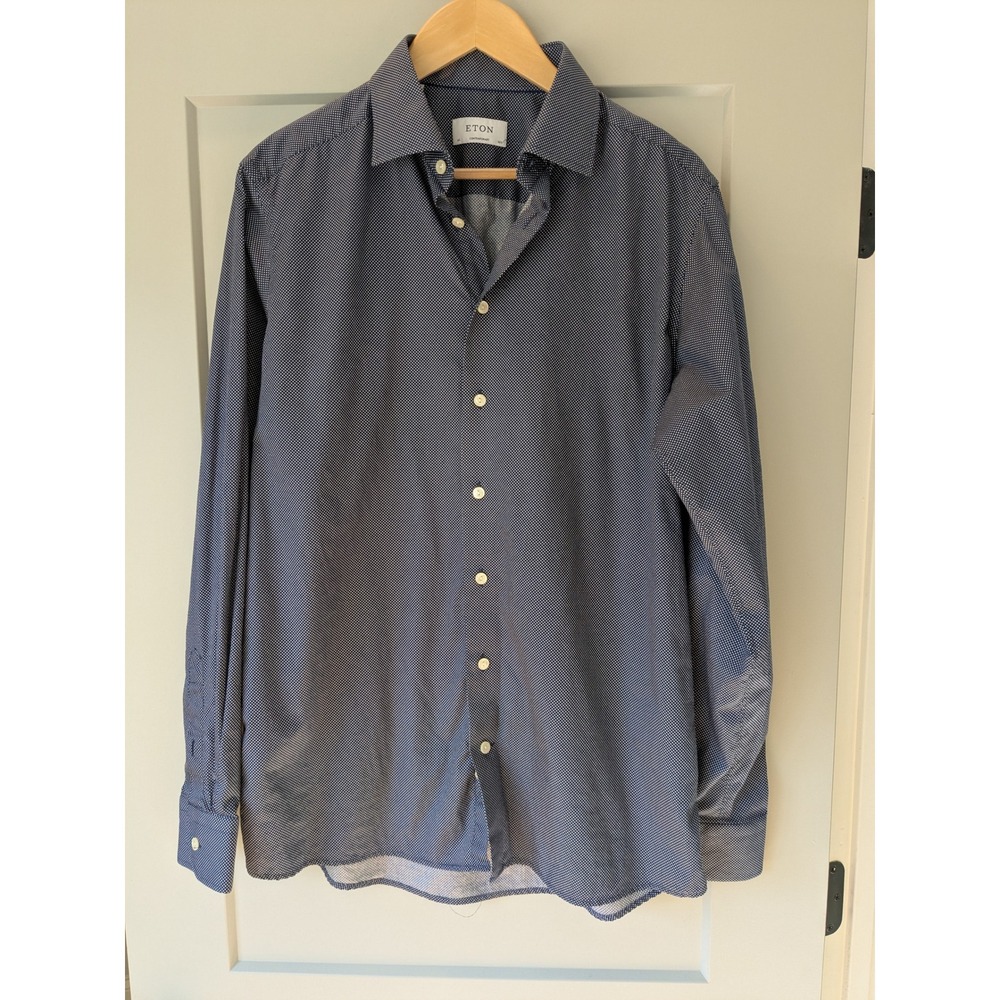 Eton Contemporary Men's Dress Shirt Navy Blue‎ Micro Dot Pattern Size 16.5/42